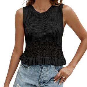 Black Ribbed Smocked Crop Tank Top